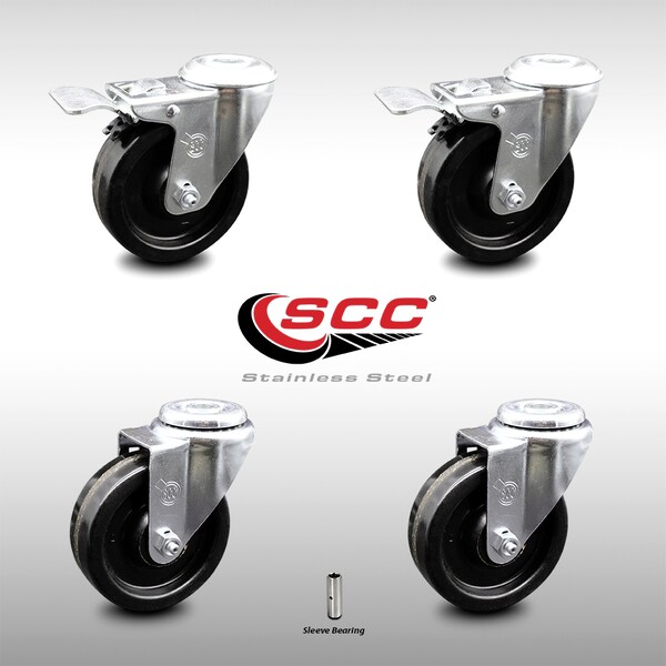 4 Inch SS Phenolic Wheel Swivel Bolt Hole Caster Set with 2 Total Lock Brake SCC